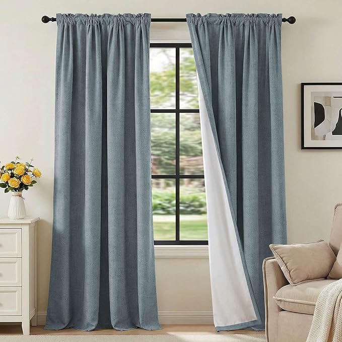 H.VERSAILTEX Linen Look 100% Blackout Curtains 95 Inches Long for Bedroom Full Light Blocking Rod Pocket Linen Textured Thick Window Curtain Drapes with White Backing, Stone Blue, 2 Panels