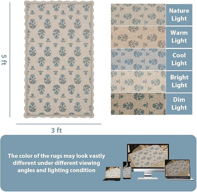 ORTIGIA Scalloped Easy Jute 3x5 Area Rug Vintage Blue Floral Farmhouse Washable Rug Non-Slip Indoor Outdoor Carpet for Living Room Bedroom Kitchen Patio Entryway
