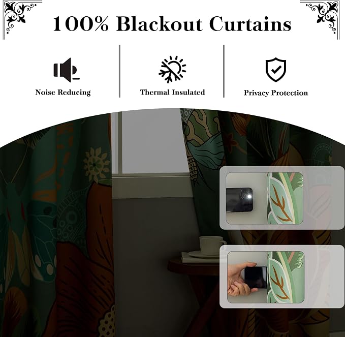 Tyrot Sage Green Boho Floral 100% Blackout Curtains for Bedroom 63 inch Long 2 Panels Butterfly Botanical Black Out Curtains for Living Room Grommet Thermal Insulated Room Darkening Drapes,52Wx63L