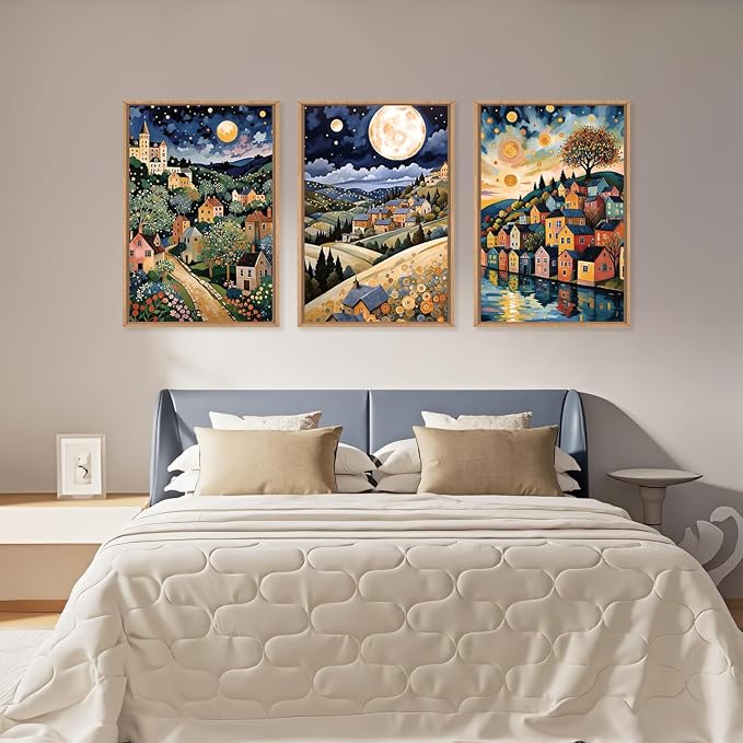 LHIUEM Large Abstract Colorful Framed Canvas Wall Art,Retro Night Village Wall Decor,Natural Moon Stars Wall Painting,Gustav Klimt Scenery Artwork for Living Room,Bedroom,Dining Room,Office -16"x24"x3