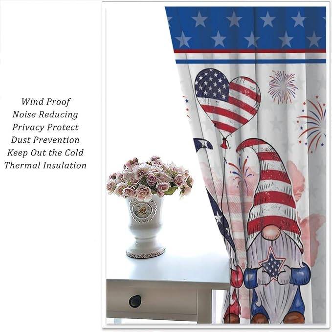 4th of July Curtain,Patriotic Independence Day Cute Gnome Print Drapes for Bedroom Living Room Kitchen Window Treatment 2 Panels Set Total Size 42" W X 45" L Inch