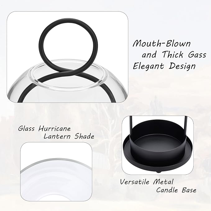 Hurricane Candle Holders Set of 2, 5" & 4" Metal and Glass Candle Lantern with Clear Dome for Pillar Candle, Wedding & Christmas Table Centerpiece, Farmhouse Home Decor (Black, Large & Small)