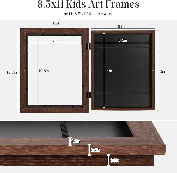 GULETHUN [2-Pack] Kids Art Frames, 8.5x11 Front Opening Kids Artwork Frames Changeable, Brown Artwork Display Storage Frame for Wall, Holds 50 Pcs, for 3D Picture, Crafts, Hanging Art, Portfolio