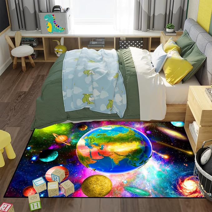 Solar System Rug - Galaxy Area Rugs for Boys Bedroom Kids Play Rug Colorful Universe Planet Print Carpet Outer Space Floor Mat Kids Rugs for Living Room,3'×5'