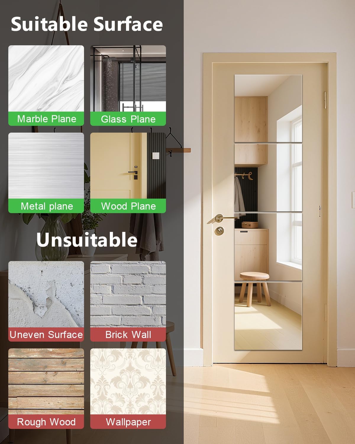 Full Length Wall Mirror Tiles, 12'' x 14'' x 4PCS, Acrylic Unbreakable Full Body Mirror for Bedroom Squares Shatterproof Mirror Sheets Wall Mounted for Home Gym Door