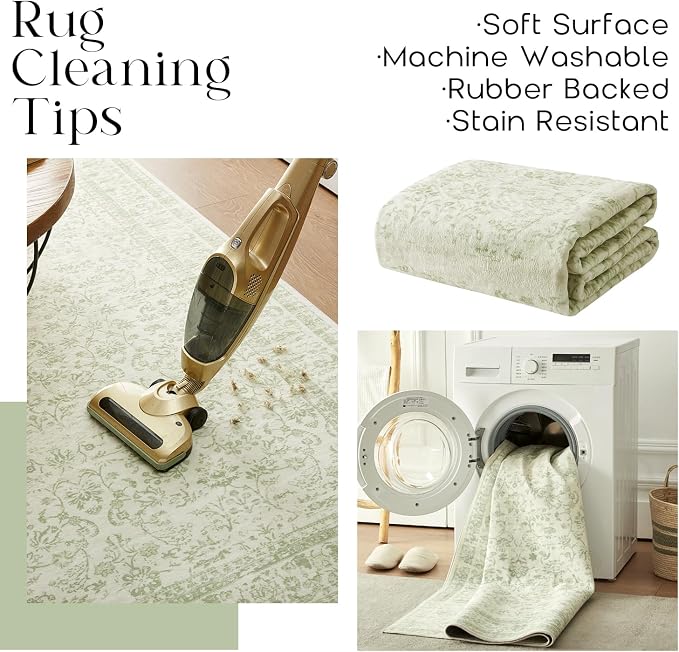 Sage Green 2x6 Runner Rug for Hallway Bathroom Washable Non Slip Vintage Boho Floral Long Runners Rugs for Entryway Indoor Bath Floor Kitchen Light Green Low Pile 2x6 Laundry Room Rug Runner