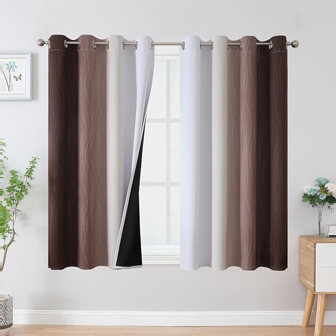 Estelar Textiler Brown and Greyish White Blackout Curtains 45 Inch Length, Full Light Blocking Gradient Drapes for Bedroom, Thermal Insulated Grommet Ombre Curtains for Bathroom,52Wx45L,2 Panels