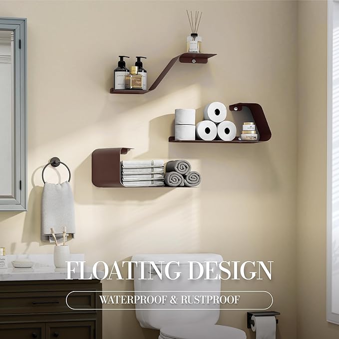 Sttoraboks Floating Wall Shelves Set of 3, Metal Mounted Shelf with Unique Design, Bookshelf for Storage & Display in Bathroom, Bedroom, Kitchen, Living Room, Brown Home Decor