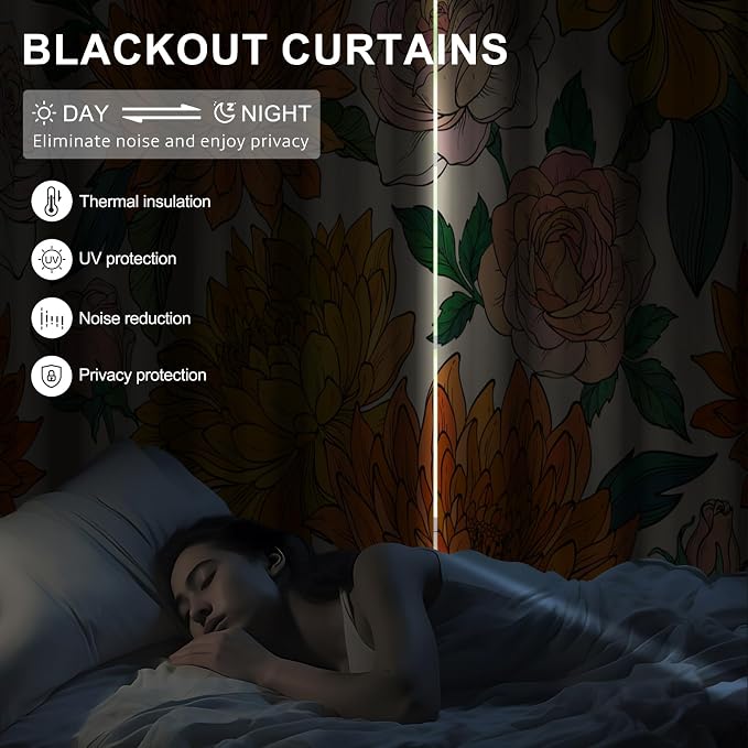 Boho Blackout Curtains for Bedroom and Living Room, Thermal Insulated Spring Floral Black Out Curtains 84 Inches Long 2 Panels Set with Curtain Tiebacks, Farmhouse Soundproof Grommet Darkening Drapes