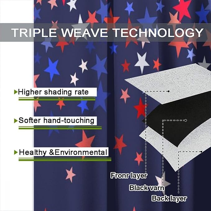 4th of July Curtain,American Flag Blue Red Star Independence Day Drapes for Bedroom Living Room Kitchen Window Treatment 2 Panels Set Total Size 42" W X 54" L Inch