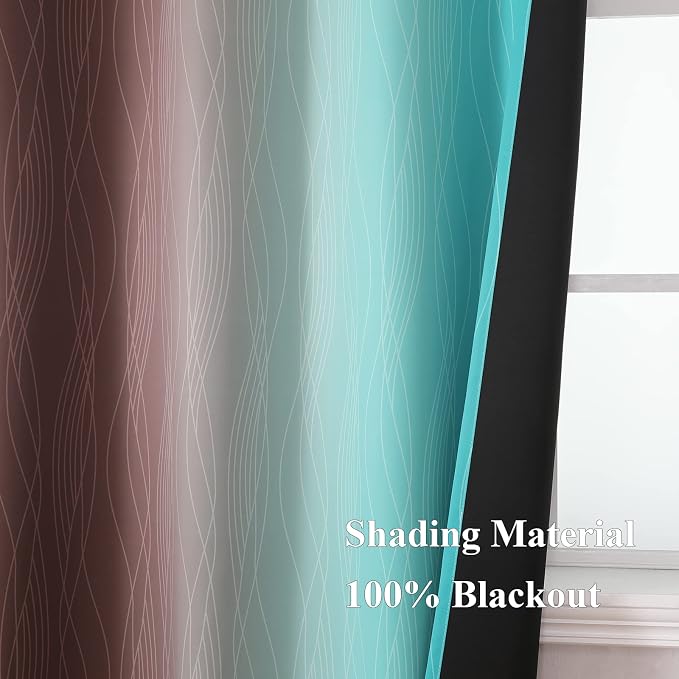 Estelar Textiler Brown and Teal Blackout Curtains 45 Inch Length, Light Blocking Gradient Drapes for Bedroom, Thermal Insulated Grommet Ombre Curtains for Bathroom,52Wx45L,2 Panels