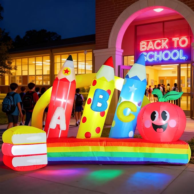 DomKom 8FT Kindergarten Graduation Decorations Crayon Yard,Back to School Inflatable Decoration Red Apple & Book LED Lights Backdrop for 2026 Graduate School Party Decor,Holiday Party Garden Lawn