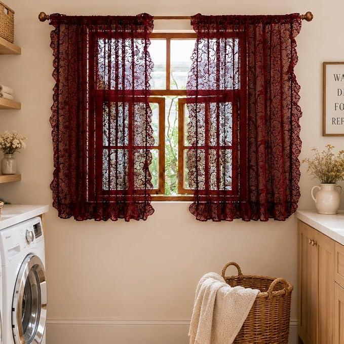TUDECO Burgundy Kitchen Curtains 45 Inch Length - Chic Short Lace Sheer Cafe Curtains for Window Over Sink, Light Filtering Floral Ruffle Rod Pocket Small Bathroom Curtain Set of 2, 59 x 45 Inch