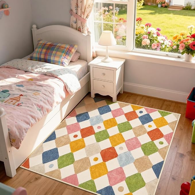 jinchan Macy Area Rug for Kids Room 5'x5' Square Rug Modern Colorful Nursery Rug Checkered Diamond Play Mat Washable Soft Non Slip Carpet for Playroom Bedroom Dorm Daycare Circus on Cream