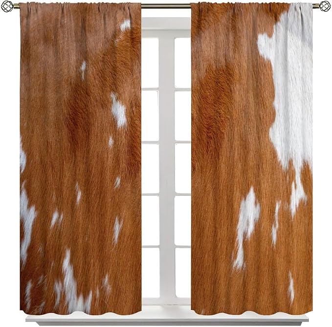 Cowhide Blackout Curtain, Rustic Cow Print Brown Animal Fur Skin Drapes, Rod Pocket Window Treatments 2 Panels Curtains for Dining Room Bedroom Office Cafe Decor 84" W X 84" L