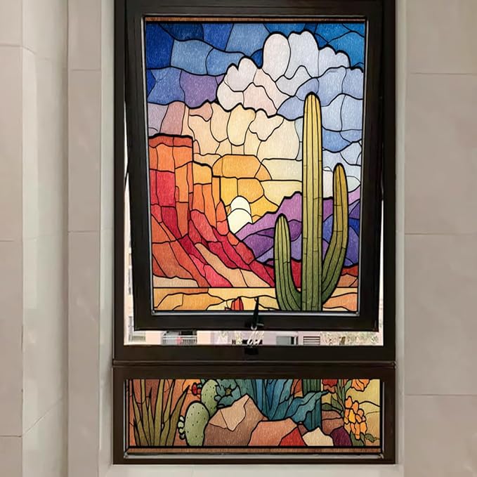 Colorful Desert Stained Glass Window Film, Artistic Cactus Landscape Peel and Stick Privacy Film, Frosted Adhesive Vinyl Decorative for Bathroom Windows Glass Doors, 19.7Wx31.5L inch