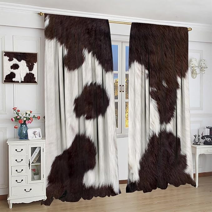 Cow Print Blackout Curtain,Retro Animals Fur Skin Cowhide Farm Style Window Treatments Rod Pocket Curtain for Bedroom Living Room Kitchen Decor Drapes 55x63in