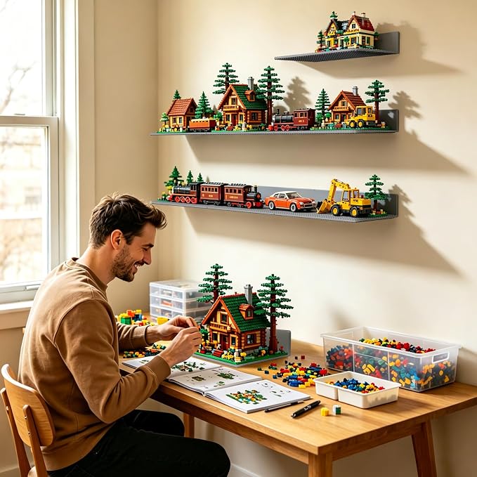 BlissBox 8-Pack Display Shelves for Wall Compatible with Lego Building Bricks, 11.3x6.3inch Dual‑Sided 36x20 Studs for Toy Brick Storage and Display, ABS Display Shelves for Room Decor, Gray