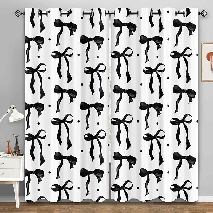 LUVIVIHOME Black and White Bow Curtains, Cute Black Bow Blackout Curtains for Girls Bedroom Living Room, Modern Aesthetic Bowknot Girly Room Decor, Grommet Window Drapes 2 Panel Sets, 42x84 Inch
