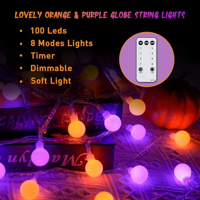 JMEXSUSS 100 LED Globe Orange and Purple Halloween Lights Indoor Remote | 33ft Connectable Christmas Lights Outdoor, 8 Modes Plug in Orange and Purple String Lights for Bedroom Room Party Decor