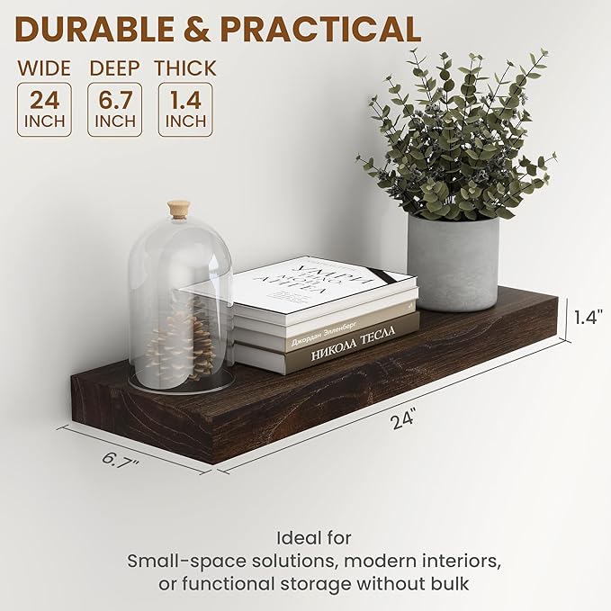 Fun Memories Wood Floating Shelves 24 Inch Long, Rustic Elm Wood Wall Shelves for Farmhouse, Living Room, Kitchen, Wall Mounted Bathroom Shelf Floating Shelf with Invisible Bracket Set of 2, Walnut