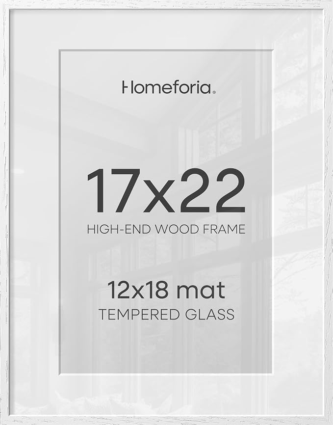 Homeforia 17x22 White Picture Frame, High End Oak 17x22 White Wooden Poster Frames with Mat 12x18 for Print, 17 x 22 Wood Frame Matted to 12 x 18 Photo, 22x17 Frame, Tempered Glass, Wall Kit, Set of 1