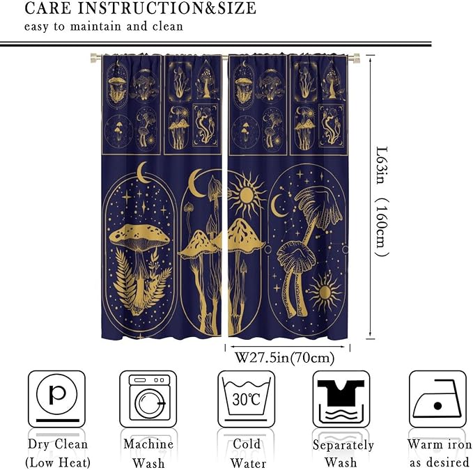 Mushroom Curtains,Boho Style Mystical Plant Sun Moon Print Window Treatments for Bedroom Living Room Kitchen Purple Herbs Window Drapes 2 Panels Set,Total Size 55 x 63 Inch