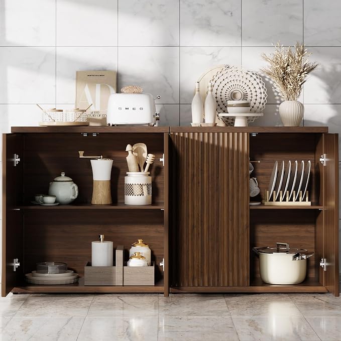 Fluted Buffet Cabinet Sideboard with Storage, Wooden Credenza with 2 Doors & Adjustable Shelf, Modern Fluted Accent Cabinet Coffee Bar for Living Room, Kitchen, Dining Room, Entryway, 15″ Deep, Brown