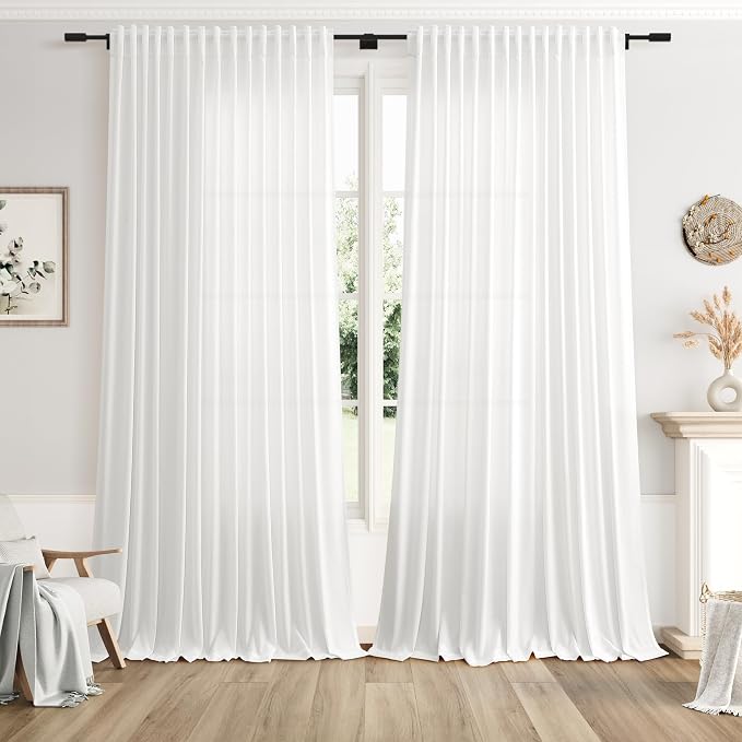 Nanspring Extra Wide Linen Curtains for Living Room 108 Inch Length for Room Divider Off White Rustic Farmhouse Drape Rod Pocket Back Tab Light Filtering Bedroom Window Curtain for Sliding Door