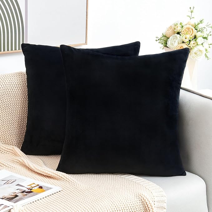 Throw Pillow Covers Decorative Velvet Set of 2 20x20 Inch Pillow Covers, Soft Black Pillowcases for Couch Sofa Bed Living Room, Farmhouse Home Boho Decor, Square Accent Cushion Covers