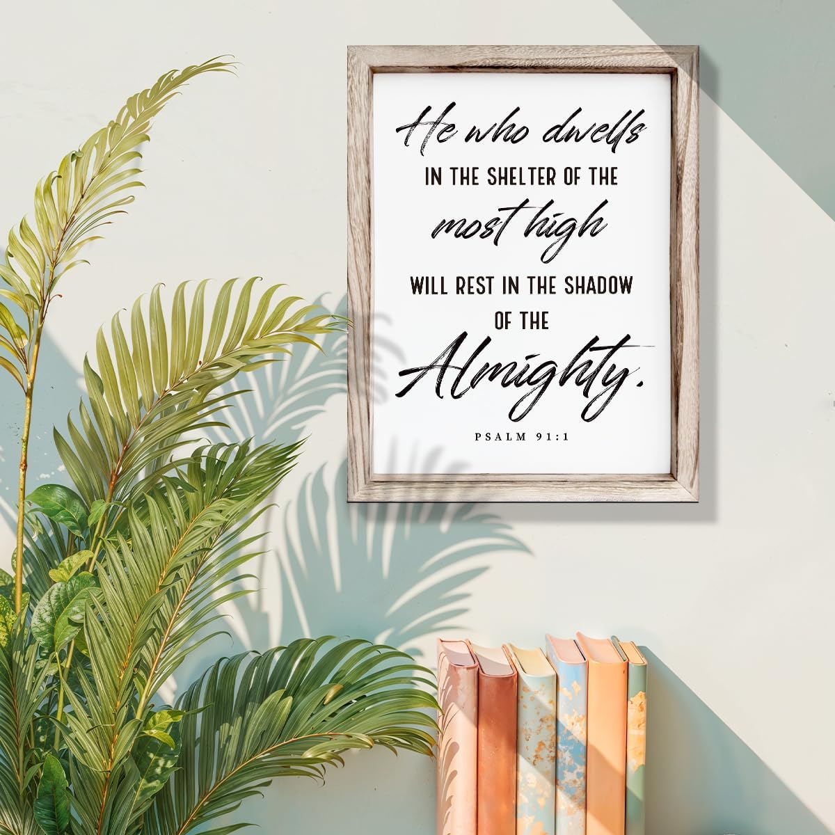 Christian Wooden Wall Sign, Inspirational Home Decor for Living Room, Wall Decor Art, Framed Wood Plaque Sign 15 * 11.5 inches, He Who Dwells in the Shelter of the Most High