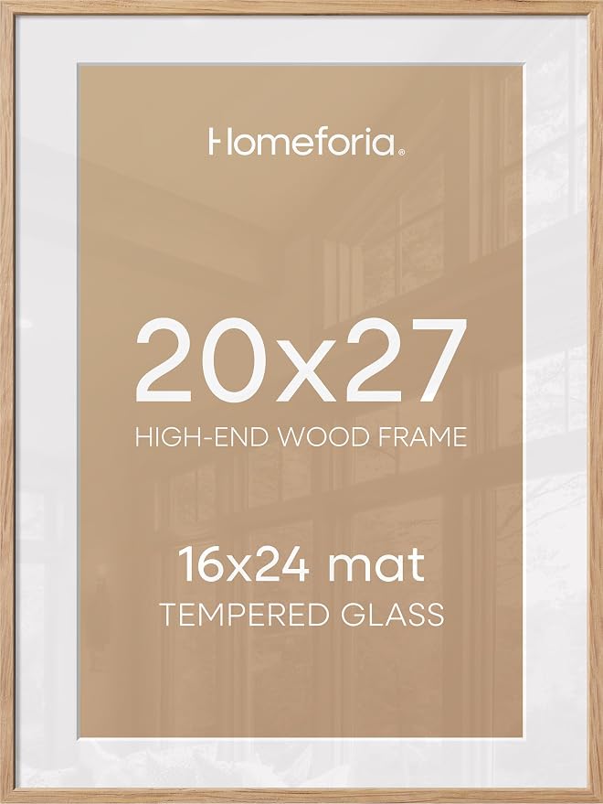 Homeforia 20x27 Picture Frame Natural Wood, High End Oak 20x27 Light Wooden Poster Frame with Mat 16x24, 20 x 27 Frames Matted to 16 x 24 Photo, 27x20 Hanging Frame, Tempered Glass, Wall Kit, Set of 1