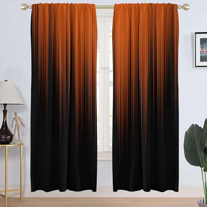 AAtter Orange and Black Window Curtains, 2 Panels, Wide Long 52" W x 84" L | Terracotta Ombre Rod Pocket Drapes, Modern Abstract Striped Style, Cool Anime Design, Large Living Dining Room Decor for Men