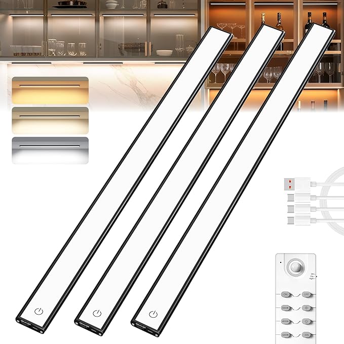 Under Cabinet Lighting,204 LED Wireless Motion Sensor Light Indoor, Rechargeable Closet Lights Battery Operated,Dimmable & 3 Color Temps,Magnetic Under Counter Lights for Kitchen, Closet (60CM,3Pack)