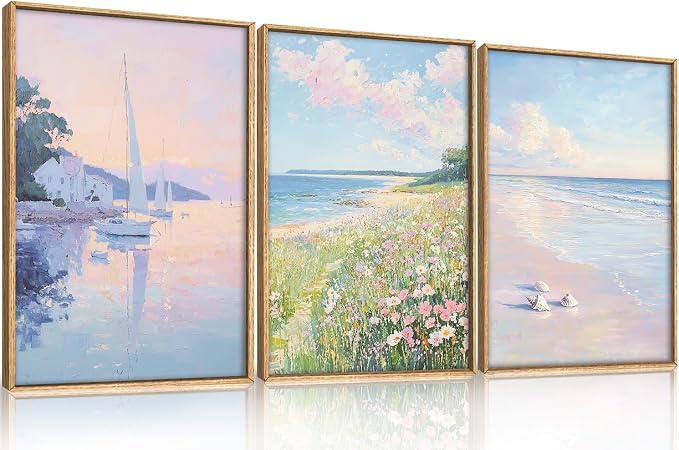 Pink Beach Dreamy Coastal Framed Canvas Wall Art Set,Watercolor Colorful Floral Sailboat Seascape Wall Decor,Soft Preppy Pastel Wildflower Artwork for Living Room,Farmhouse- 16"x24"x3