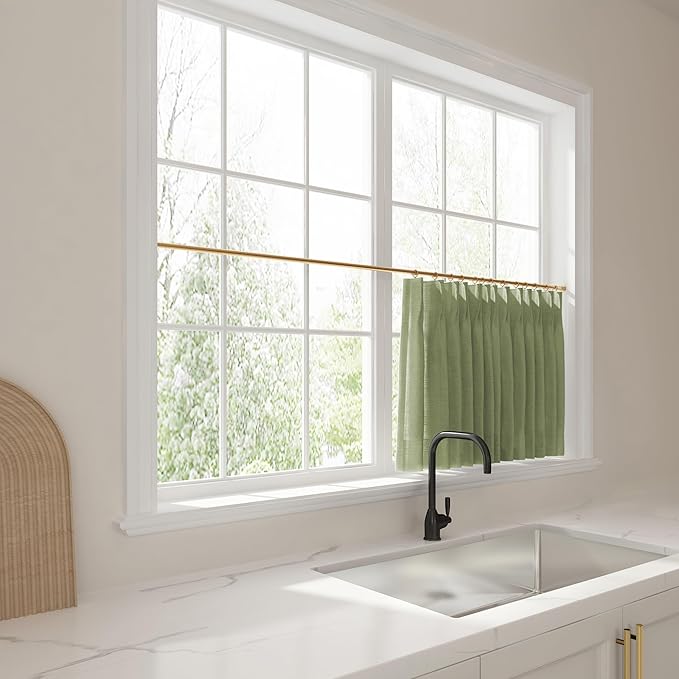 TWOPAGES 26" W x 36" L Linen Blend Cafe Curtains for Kitchen Window, Light Filtering Pinch Pleated Tier Curtains, Modern Farmhouse Half Window Curtains for Bathroom, Olive, 2 Panels