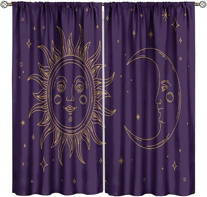 Golden Sun Moon Stars Art Blackout Curtains, Abstract Bohemian Universe Starry Sky Galaxy Window Drapes, for Bedroom Living Room 63" W X 63" L