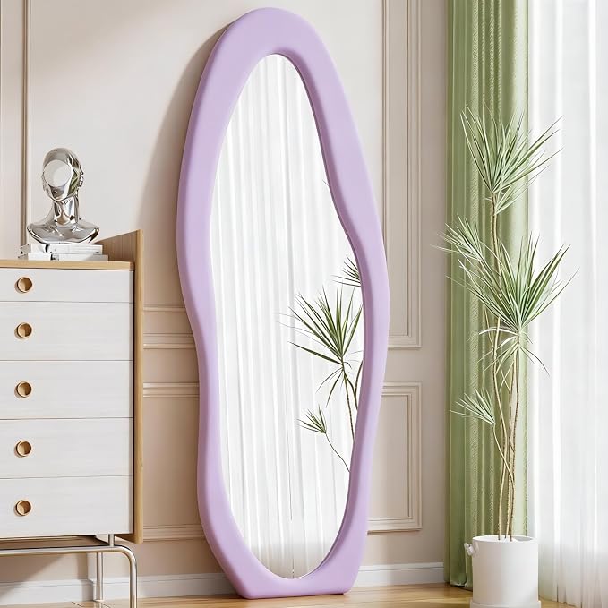 Dewfig Full Length Mirror, 63" x 24"Irregular Mirror, Large Floor Length Mirrors Wall Mounted, Standing Mirrors with Flannel Wrapped Wooden Frame for Bedroom/Living Room, Purple