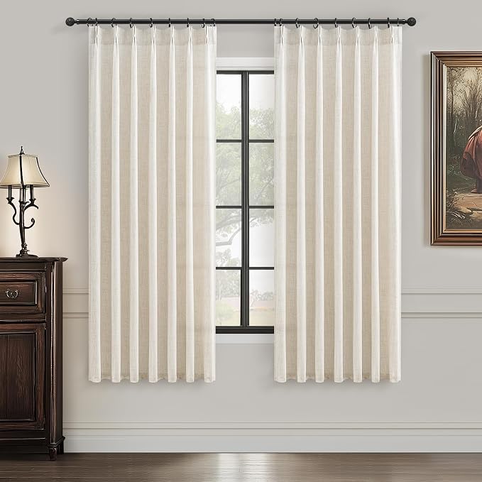 PleatedDrapes Light Filtering Kitchen Curtains 63 Inches Long 2 Sets, Basement Curtains for Small Window Cream Beige Pinch Pleated Linen Blend Short Semi Sheer Back Tab for Bay Windows 40" W x 63" L