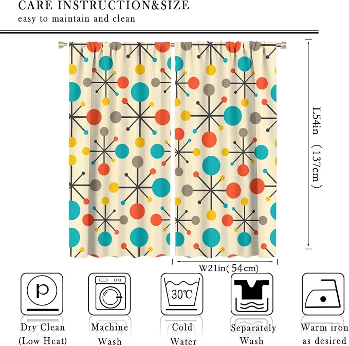 JESTRONRY Mid Century Curtains,Mid Century Fifties Modern Retro Colors Pattern Blackout Rod Pocket Window Drapes for Living Room Bedroom Kitchen Bathroom Home Decor 42x54in