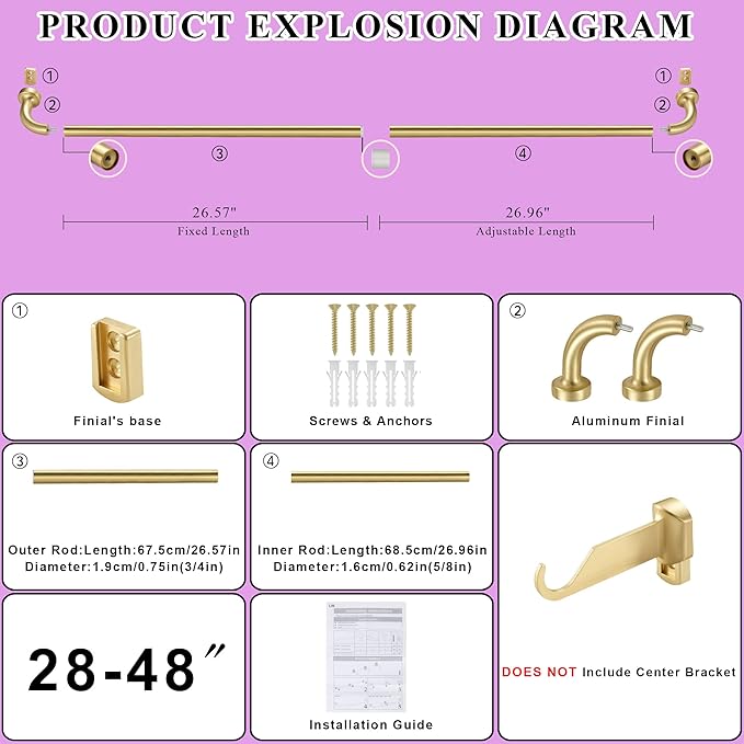 Brass Disc Curtain Rods, 28-48 Inches Window Curtain Rod,Adjustable Room Darkening Drapery Rod with Aluminum Finials and Brackets,Wrap Around Design