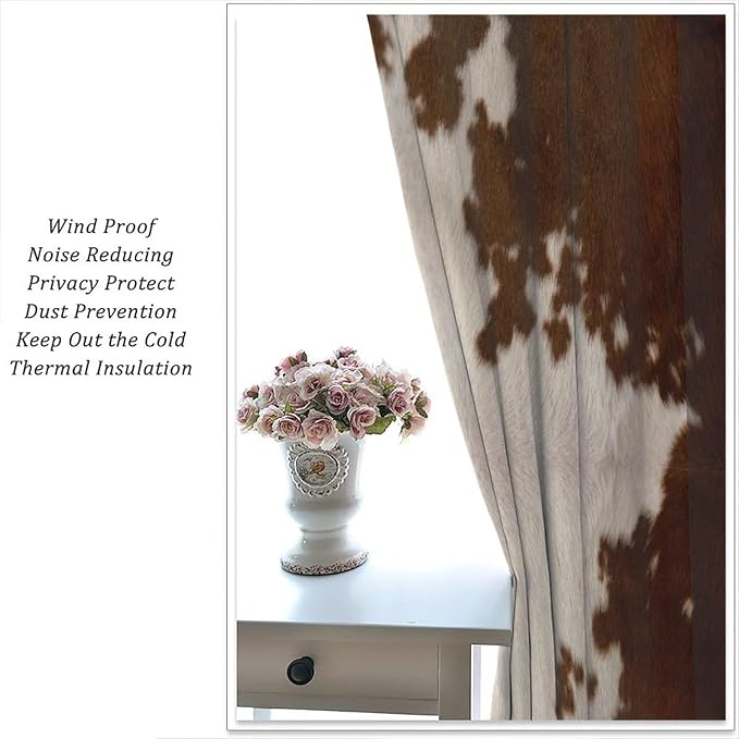 Cow Print Blackout Curtain, Animal Fur Brown Cowhide Western Farm Style Window Treatments Rod Pocket Curtain for Bedroom Living Room Kitchen Decor Drapes 55x63in