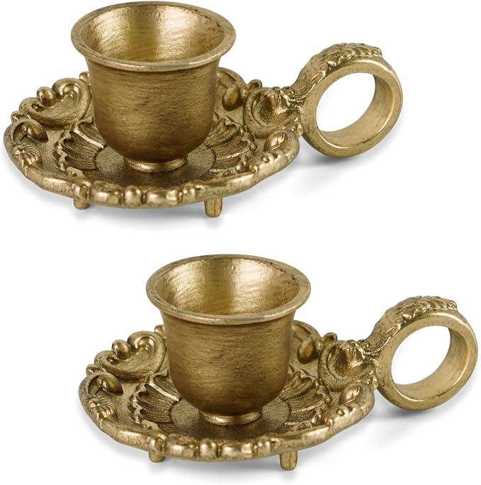 NIKKY HOME Vintage Gold Taper Candle Holders Set of 2, Handle & Tray | Antique Metal Candlestick Stand with Finger Loop, Short Candle Stick Base for Table Centerpieces, Wedding, Mantel Decor
