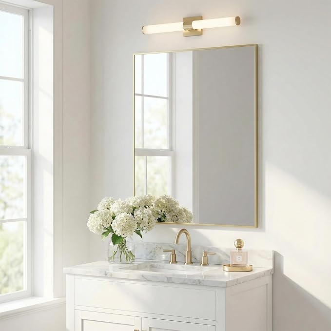 40"x30" Satin Gold Framed Rectangle Bathroom Vanity Wall Mirror | Over-Sink Vanity Mirror, Slim Metal Frame, Entryway or Dresser Use, Vertical/Horizontal Mount, Tempered Glass