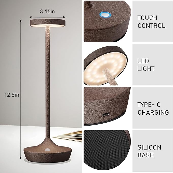 Rechargeable Cordless Table Lamp, 6000mAh Battery Powered LED Desk Lamp, Portable Metal Touch Lamp with 3-Level Dimming, Waterproof Outdoor Light for Patio, Restaurant, Dining (2 Rust)