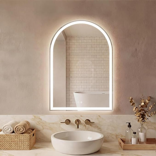 Sweetcrispy 24“×32” LED Bathroom Backlit Mirror with Lights, Arched Vanity Mirror with Anti-Fog, Dimmable, 3-Color Light, Memory Function, Tempered Glass