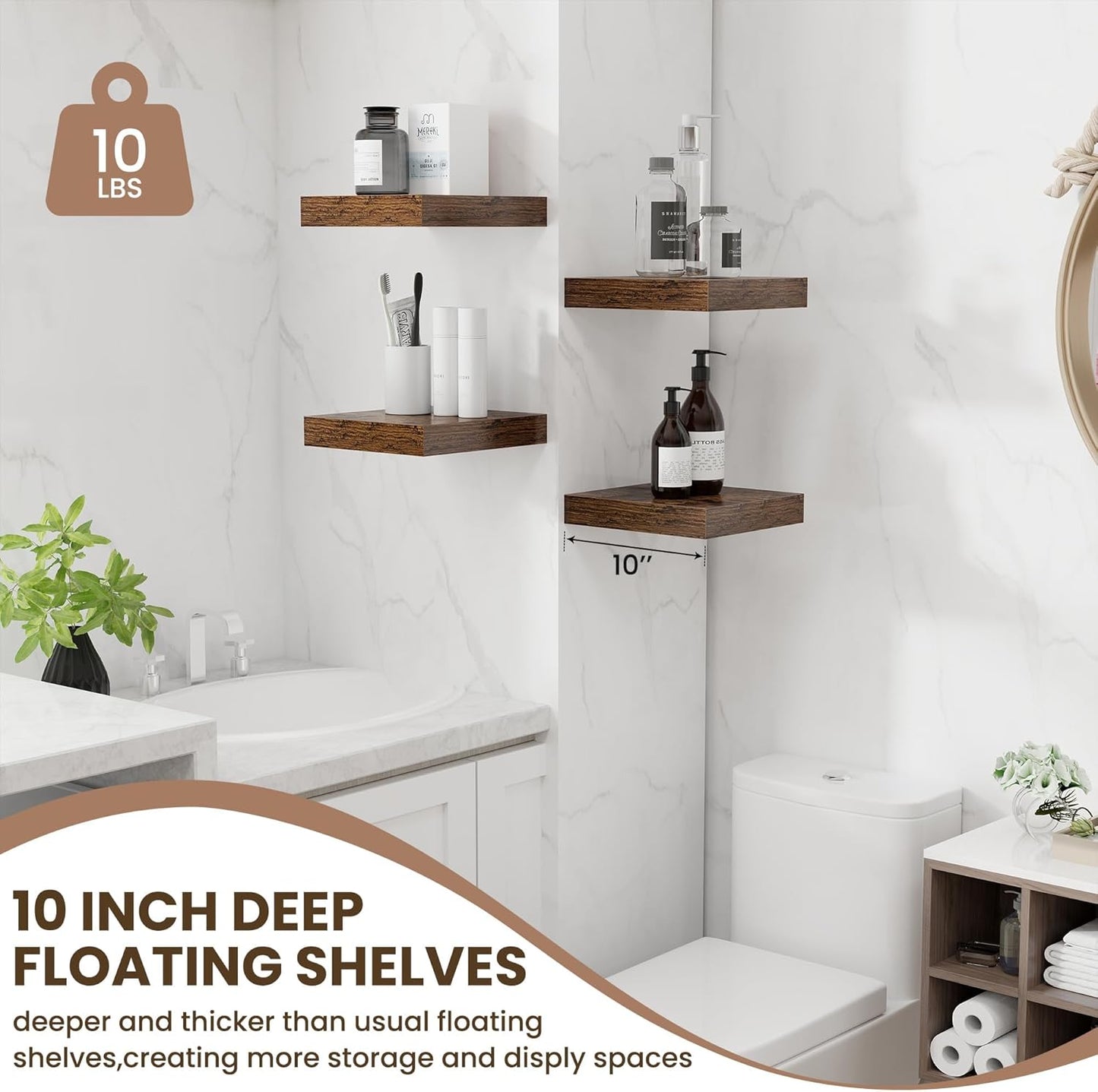 Fun Memories Floating Shelves for Wall - 10" x 10" Wood Shelf with Invisible Bracket - Deep Floating Shelves - 10 Inch Shelf Wall-Mounted for Living Room & Bathroom - Rustic Brown - Set of 2