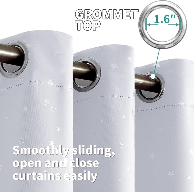 BGment Kids Room Curtains for Bedroom - Grommet Thermal Insulated Silver Star Print Room Darkening Curtains for Living Room, Set of 2 Panels, 52 x 63 Inch, Greyish White