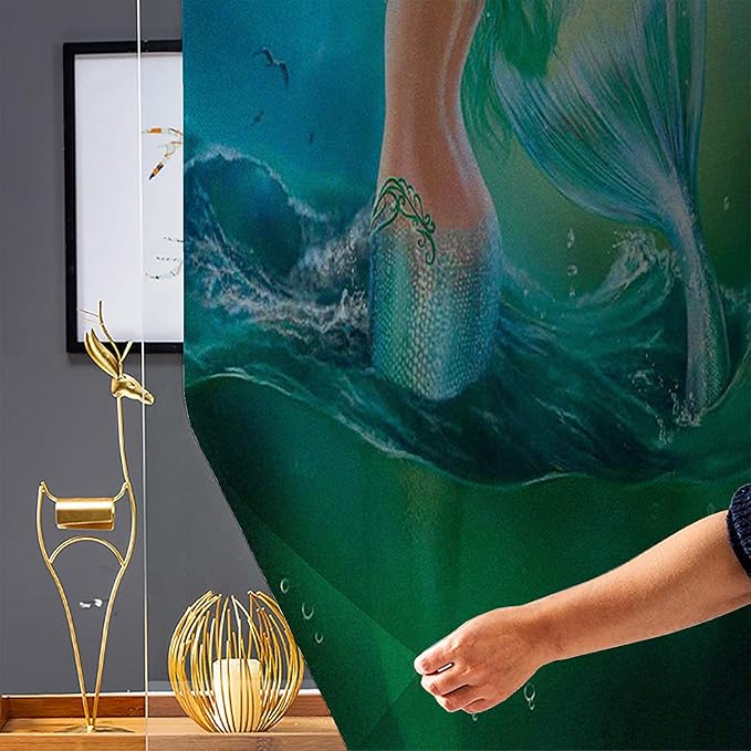 Underwater Pattern Window Privacy Film,Mermaid in Ocean on Waves Tail Sea Creatures Dramatic Sky Dark Clouds Print Window Stickers Film,Window Film Privacy Decorative,35.4" x 78.7" Blue Green