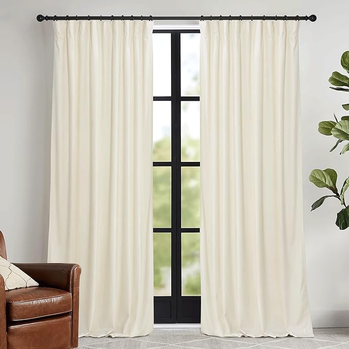 RYB HOME Ivory Velvet Curtains for Bedroom Living Room, Thermal Insulated Privacy UV Heat Blocking Luxurious Drapes for Nursery Dining Room, 62" W x 90" L, 2 Panels, Rod Pocket/Back Tab/Hook Belt